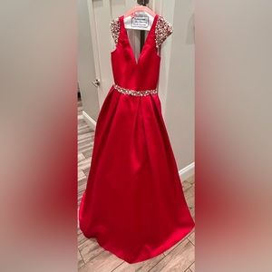 Long red jewel embroidered dress. Size 6